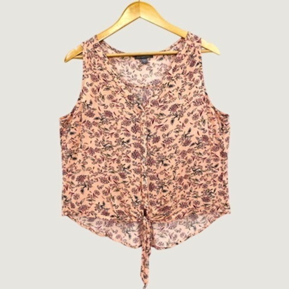Peace & Pearls Top Womens L Pink Floral Button Down Tie Front Sleeveless Boho
